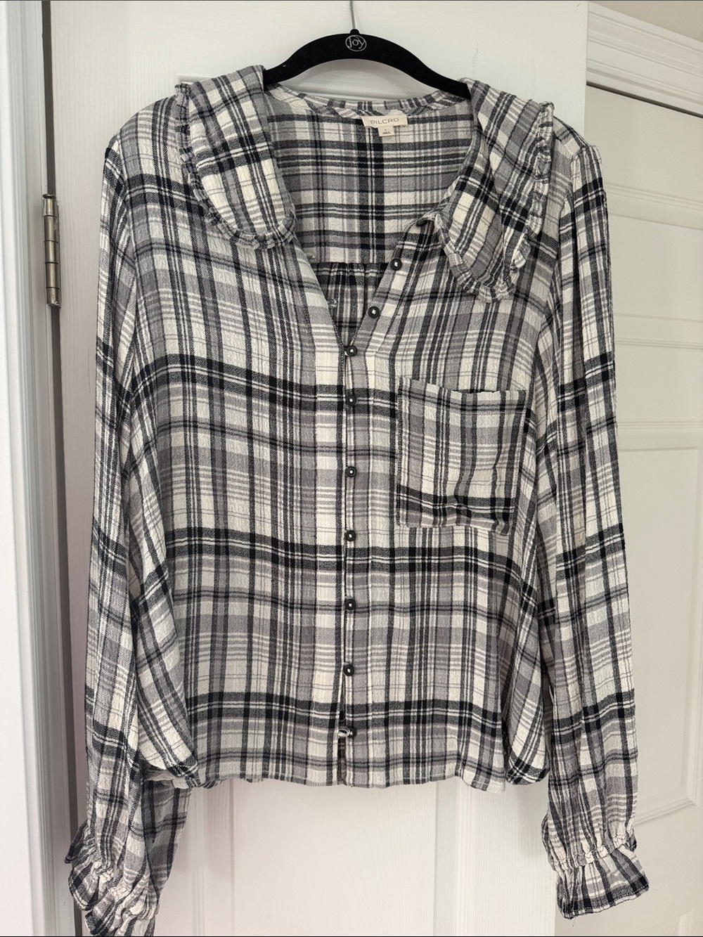 Pilcro Black and White Plaid Hooded Button-Down Shirt